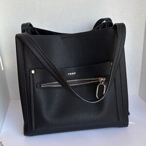 DKNY Black Pebbled Leather Shoulder Bag with Front Zip